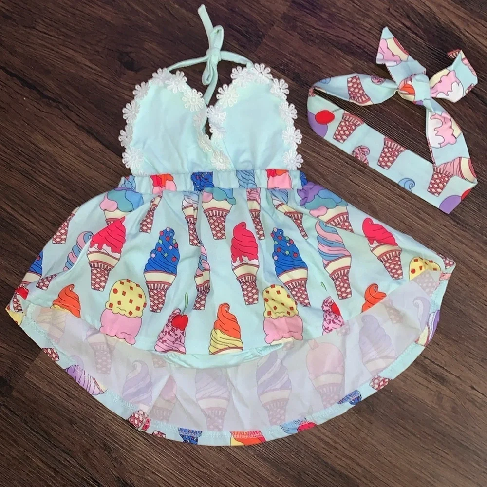 Kids ice cream cone halter top summer high‎ low dress with headband sz 24m NWOT